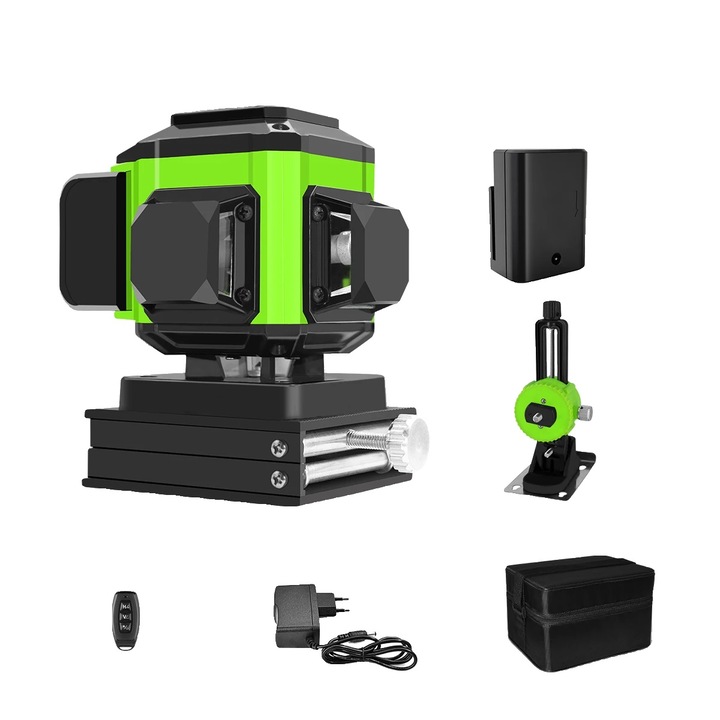 Lézeres szintező, 12 vonal, önszintező, zöld sugár, 9,5x11,9x11 cm