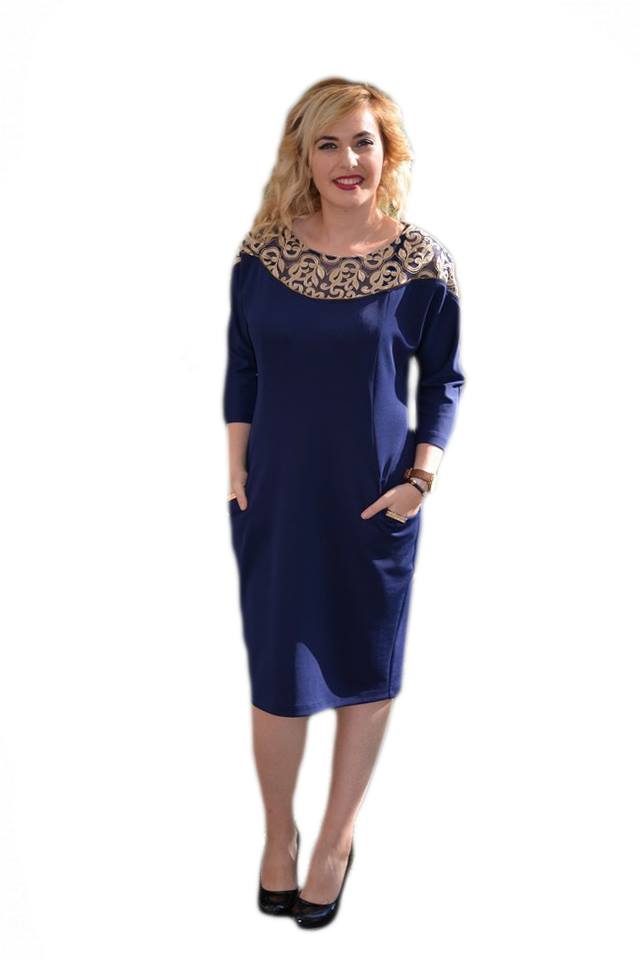 Rochie feminina cu dantela aurie,D&J Exclusive, Bleumarin/Bej