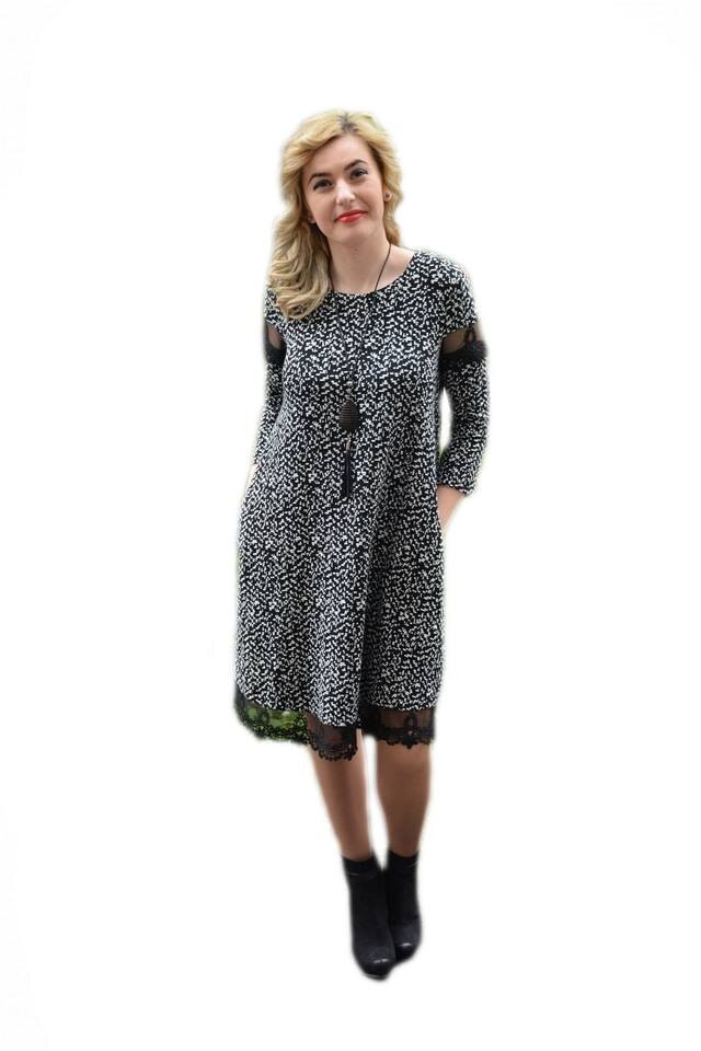 Rochie trendy cu croi lejer si insertii de dantela,D&J Exclusive, Gri/Negru