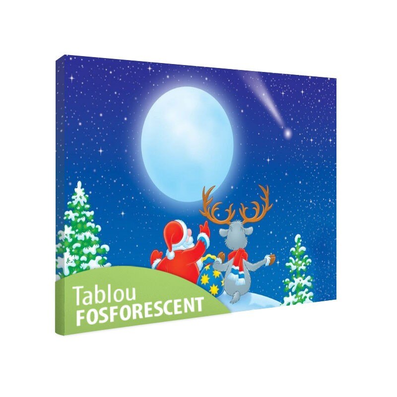 Tablou fosforescent Mos Craciun si renul 90x52 cm