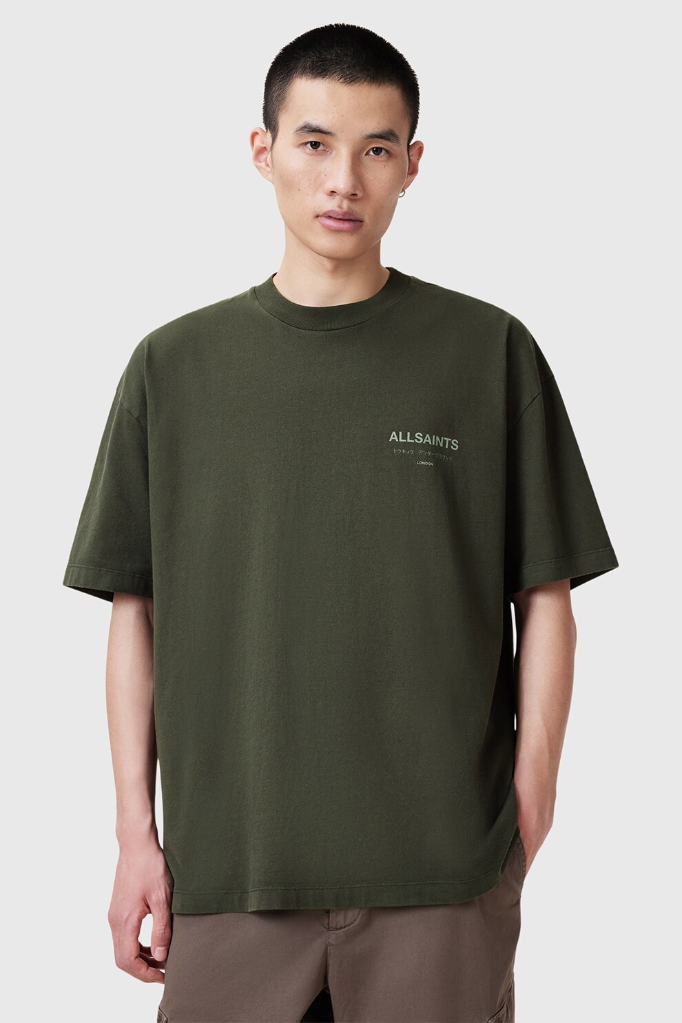 AllSaints, Tricou supradimensionat din bumbac organic cu logo Underground, Verde feriga, S