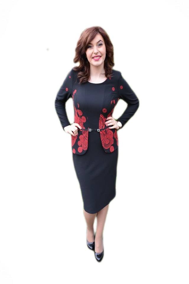 Rochie feminina de ocazie,cu imprimeu rosu, tip costum,D&J Exclusive, Negru