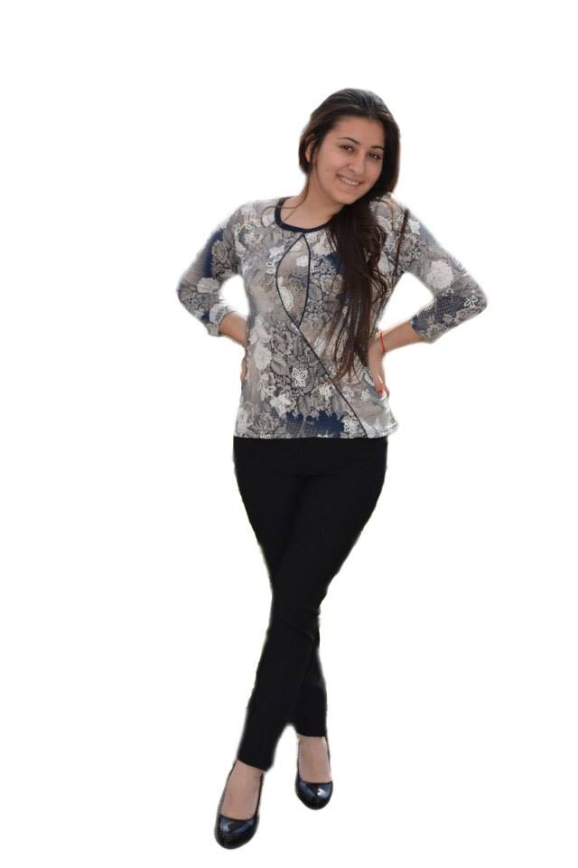 Bluza cu imprimeu rafinat, cu aspect dantelat,D&J Exclusive, Bleumarin/Bej