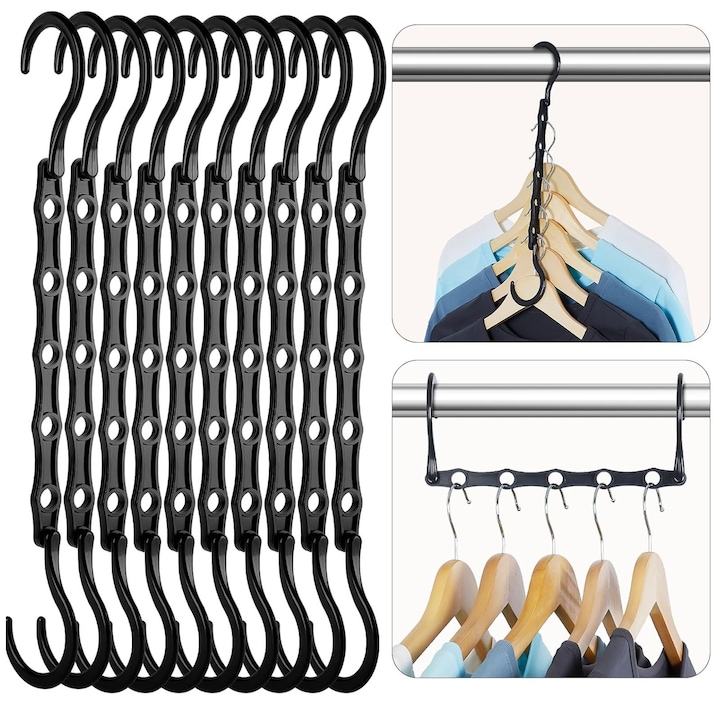 Set 10 Suport Multifunctional, ZGGZERG, Suport de uscare Umerase, Cu 5 crestaturi, UnicUtil, rotatie 360°, Economiseste Spatiu in Dulap, Ideal pentru Pantaloni, Fuste, Cravate, ABS, 39*5.5cm, Negru