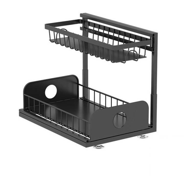 Organizator multifunctional pentru bucatarie/baie, doua sertare glisante, potrivit pentru utilizare sub chiuveta, organizare eficienta, inaltime reglabila 35-51cm, picioare silicon antiderapant, 37 X 28cm, otel vopsit electrostatic, negru, SIPEDO