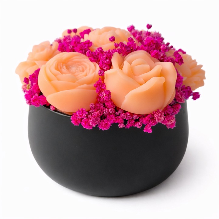 Mini Aranjament Floral, SYMPATHIE – Piersica si Sofran, Ceara naturala, Handmade, Wax Melts, Ceara de masline, 10 cm x 10 cm, 120g