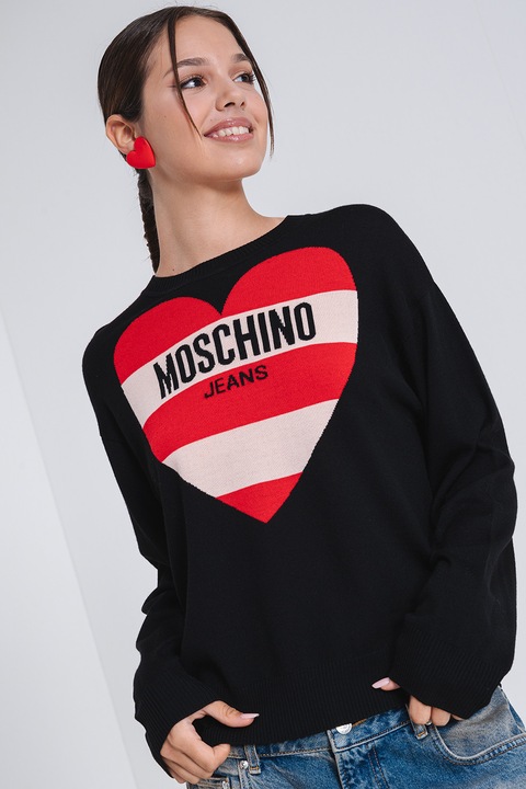 Moschino Jeans, Pulover din casmir cu imprimeu logo, Rosu/Negru