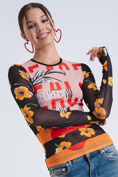 Moschino Jeans, Bluza lejera slim fit, Negru/Portocaliu/Maro nisip