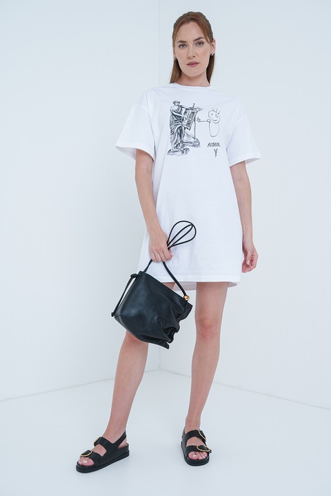 Moschino Jeans, Rochie-tricou cu imprimeu grafic, Alb optic