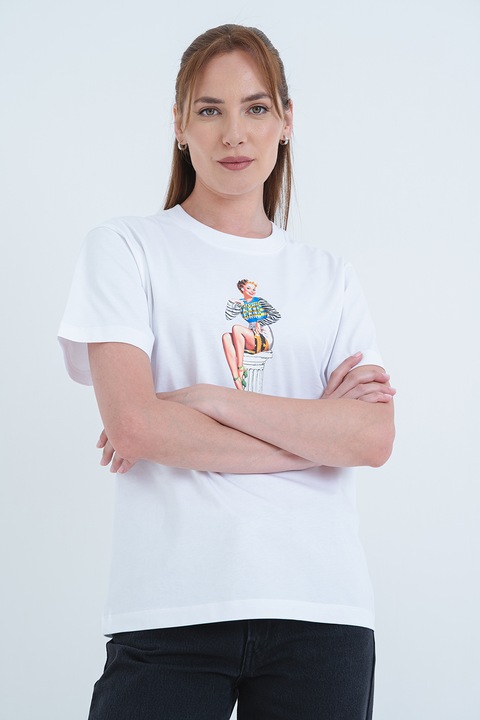 Moschino Jeans, Памучна тениска с графика, Бял/Син