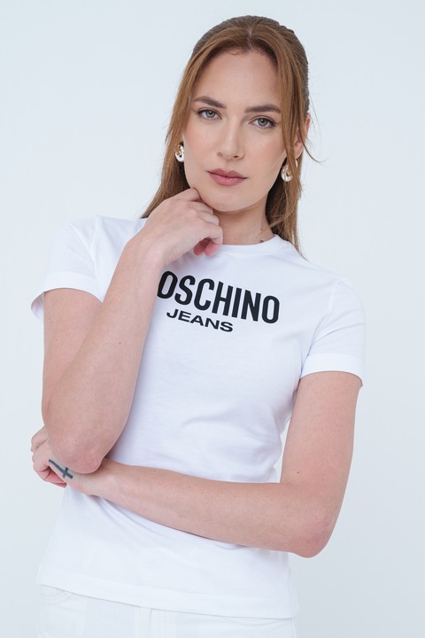 Moschino Jeans, Слим тениска с лого, Черен/Бял