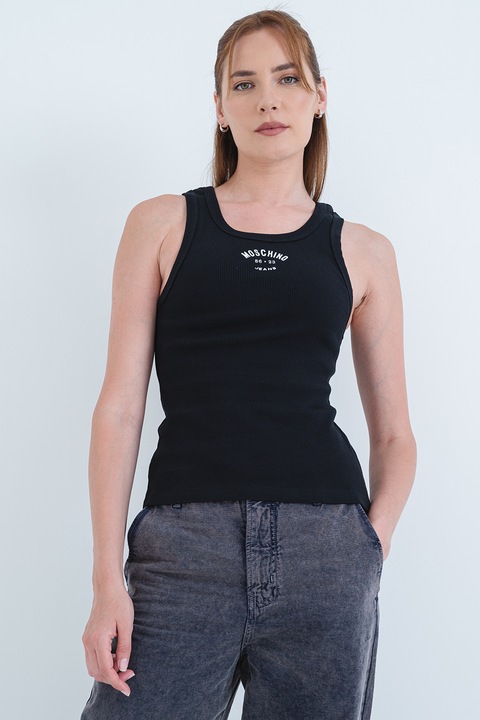 Moschino Jeans, Bordázott top logós részlettel, Fekete