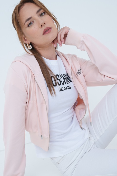 Moschino Jeans, Hanorac crop cu fermoar, Negru/Roz prafuit