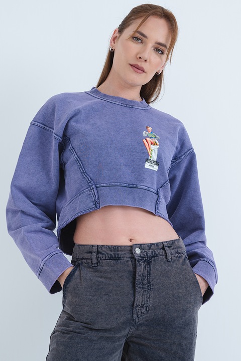 Moschino Jeans, Bluza de trening crop cu imprimeu grafic, Alb/Violet