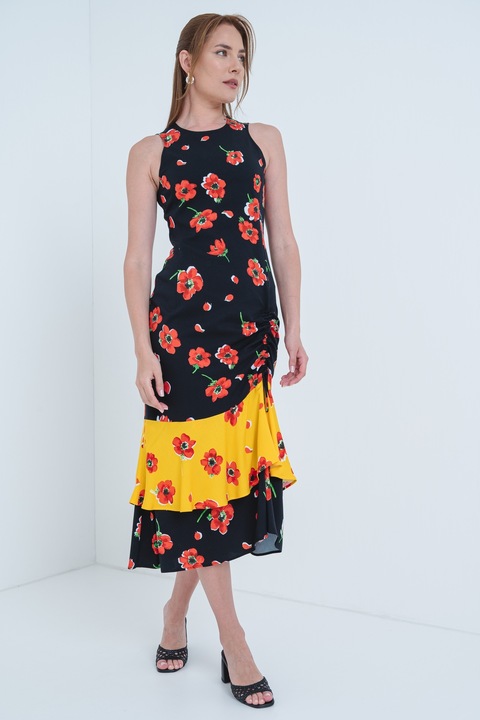 Moschino Jeans, Rochie midi cu model floral, Rosu/Negru/Galben sofran
