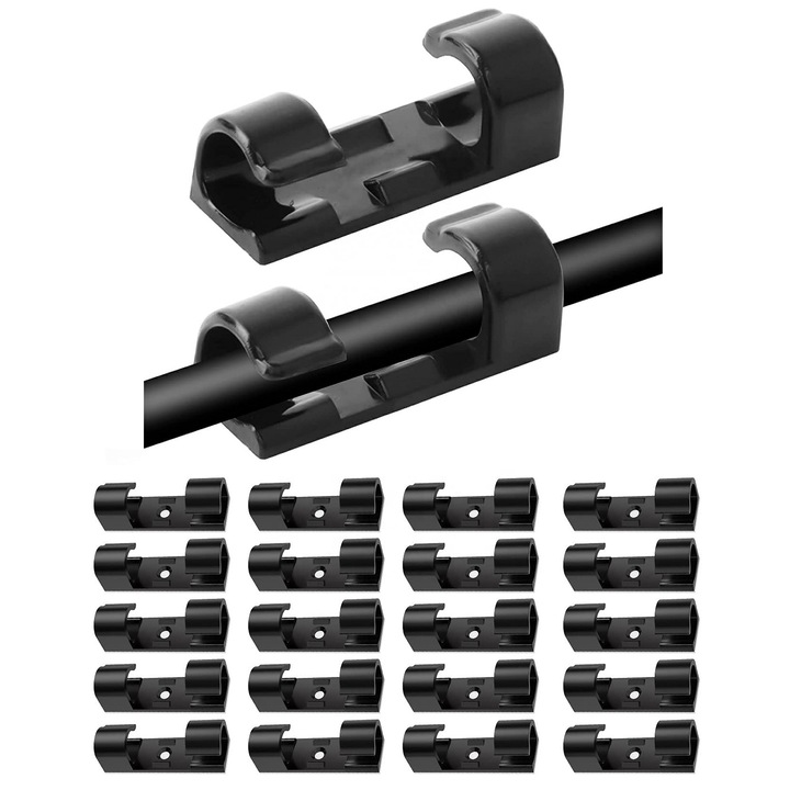 Set 20 cleme organizatoare pentru cabluri, autoadeziv, plastic, 3x1.1x0.7cm, negru