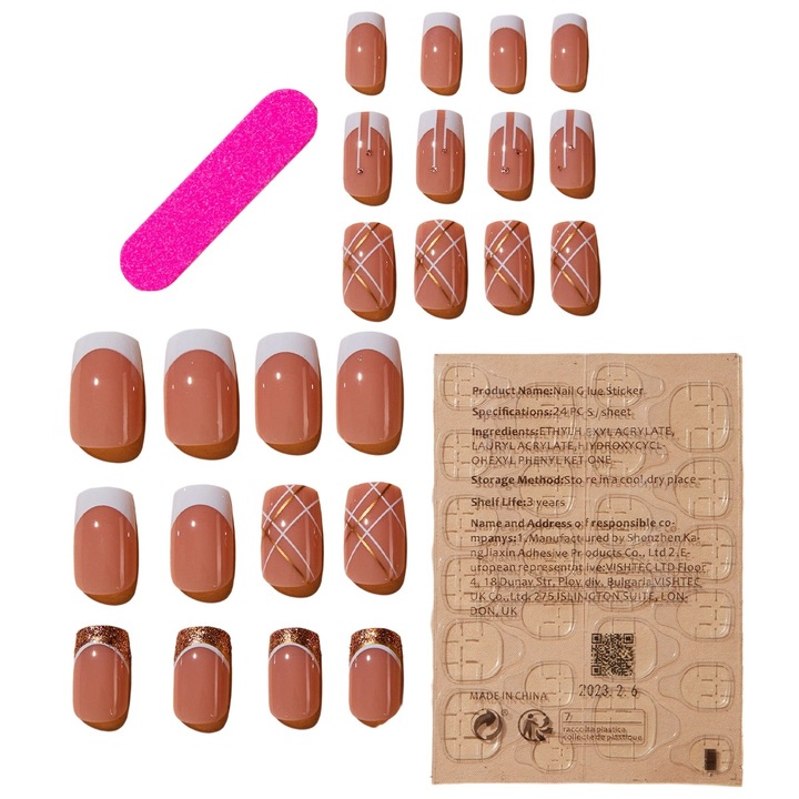 Set unghii false acrilice, 24 piese, model french, 12 Dimensiuni, Nude rose