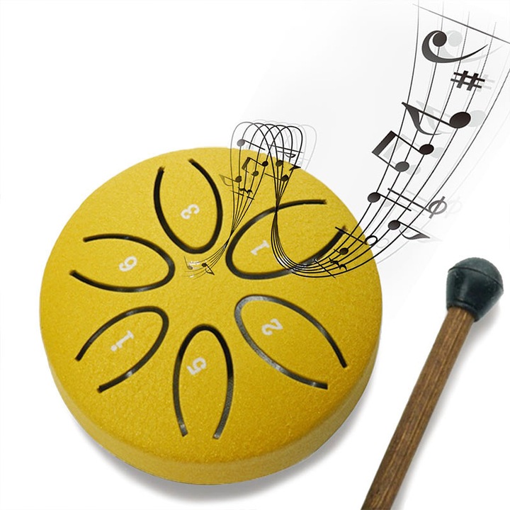 Garsonal tamburin, 6 hangú, sárga, 10x9x6cm