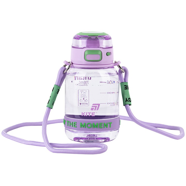 Bidon apa Kite, mov, 700 ml, cu pai siliconic, capac cu buton si blocare, curea si maner, tritan fara BPA