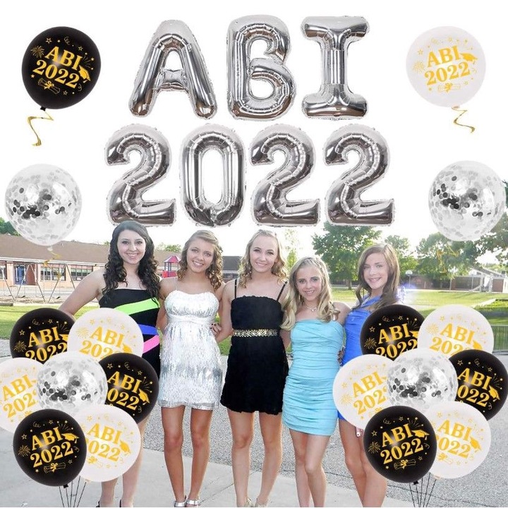 Ballagási dekorációs szett 2022, JOYMEMO, 20 db latex lufi (30 cm), 6 db konfetti lufi (30 cm), 2 db fólia lufi (76 cm és 80 cm), fekete-fehér-ezüst