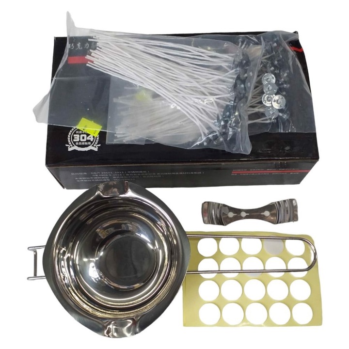 Set accesorii pentru fabricat lumanari Amazon, oala inox 400ml, 100 fitile, 100 adezivi, argintiu, 26.4x14.3x7cm