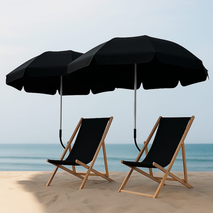 Umbrela de Soare cu Protectie Anti UV, Comando Home, pentru Scaun de Plaja, Sezlong, Camping, Flexibila, Pliabila, Ajustabila cu Rotire la 180°, Cadru Rezistent cu 2 Puncte de Reglaj, Diametru 80 cm, Negru / Gri