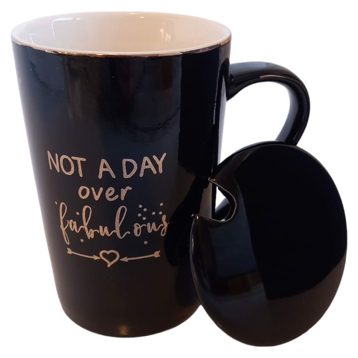 Cana ceramica cu mesaj amuzant, AAMAZON, 400ml, neagra, set cadou