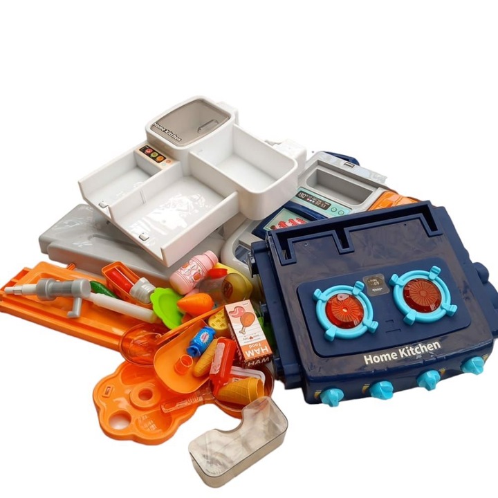 Interaktív konyhabútor szett gyerekeknek, deAO, 34 kiegészítővel, hang- és fényfunkciókkal, kék, 54,5x26x70cm