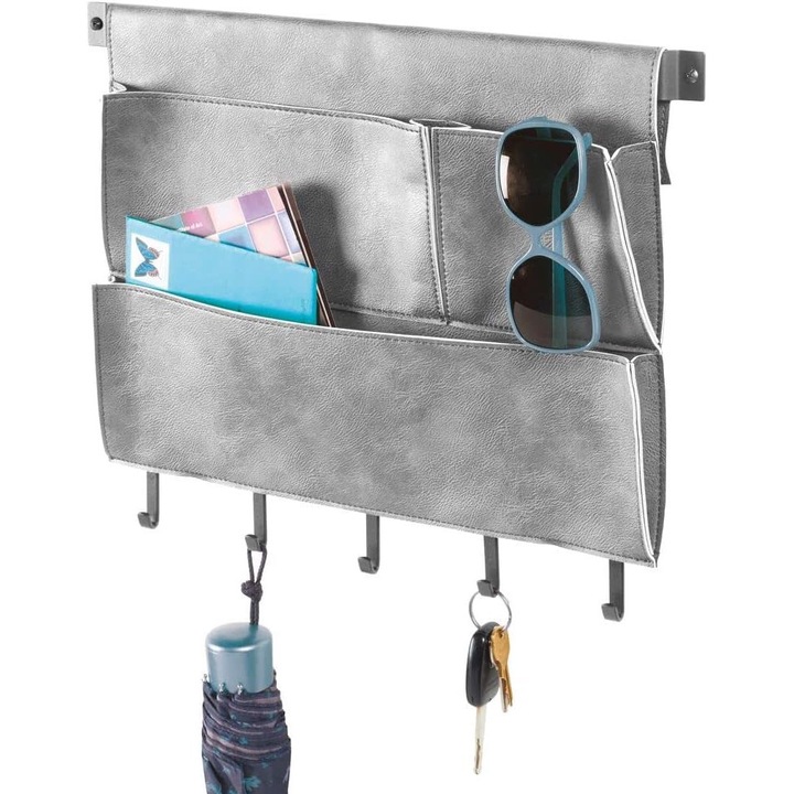 mDesign Fali Rendszerező, 5 Akasztó, 3 Zseb, Grafitszürke, 44.3x39.4x2.5cm