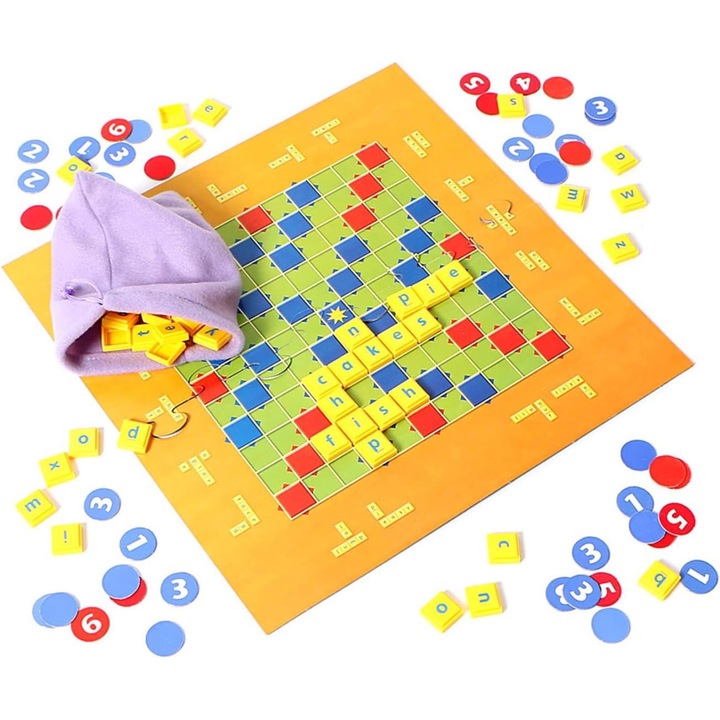 Scrabble Junior társasjáték, AAMAZON, 2 szint, 36,5x26,8x4,3cm, 84 betű, 29 kék, 16 piros zseton