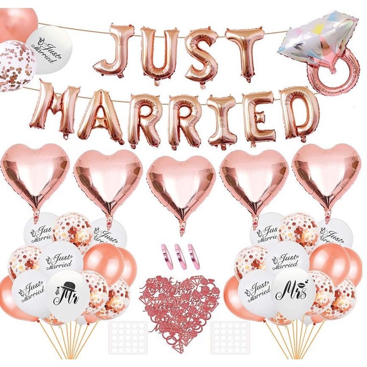 Esküvői dekorációs szett "Friss házasok"-hoz, Amazon, rozéarany/fehér, 38 lufi