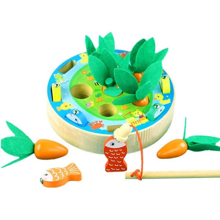 Jucarie interactiva copii, Afufu, set de pescuit cu 6 morcovi si 8 pesti colorati, din lemn, 3 ani +
