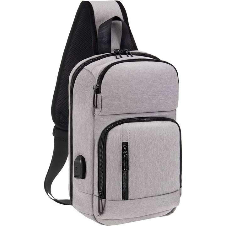 Rucsac urban KINGSLONG, gri, 35x7x25cm, cu port USB, 7 compartimente organizate