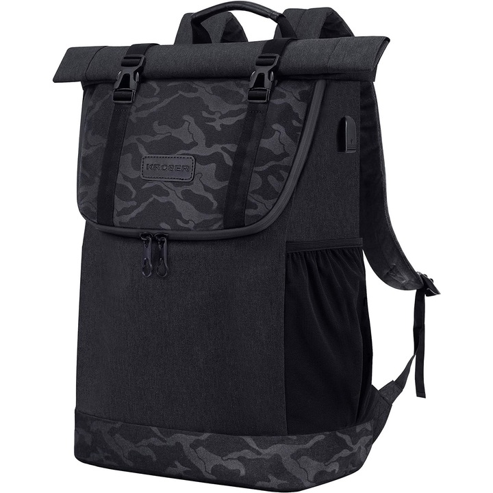 Rucsac laptop, KROSER, camuflaj negru, 48x31,7x16,5cm, impermeabil, capacitate mare