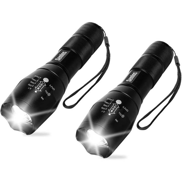 Тактически LED фенер със зум, 2 броя, Sem Los, черен, 30x28x155 мм