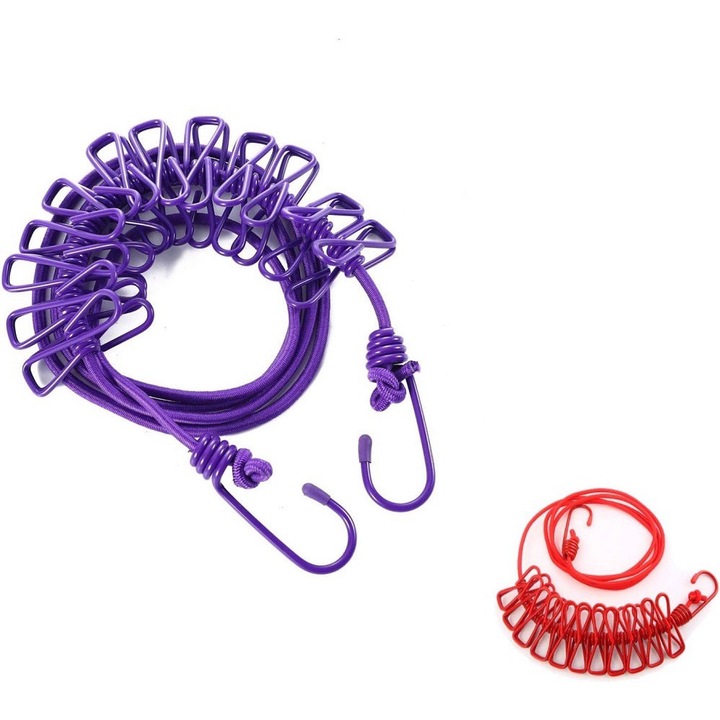 Sistem de uscare rufe, AAMAZON, set 2x linka, 12 clipsuri, rosu/violet, 1,85m
