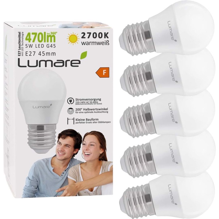 LED крушки Lumare E27 G45 5W, комплект от 5 броя, 475 лумена, еквивалент на 40W, 4.5x4.5x7.8см