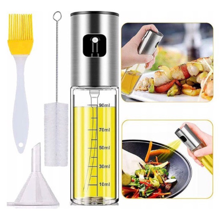 Spray pentru ulei de masline, AAMAZON, sticla 100ml, inox, set cu funel si perie