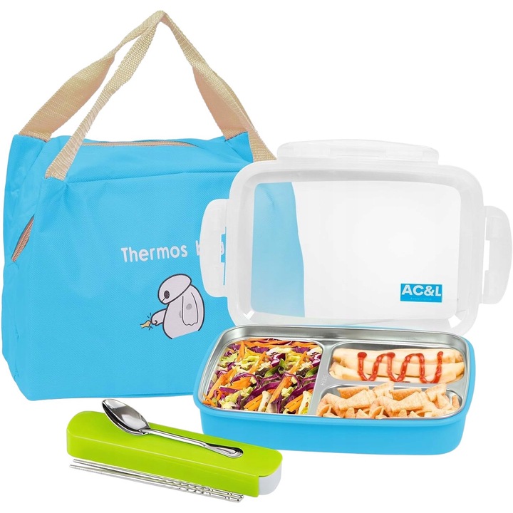 Cutie alimentara AC&L, 1000 ml, 3 compartimente, cu set de tacamuri, izolatie termica, albastra