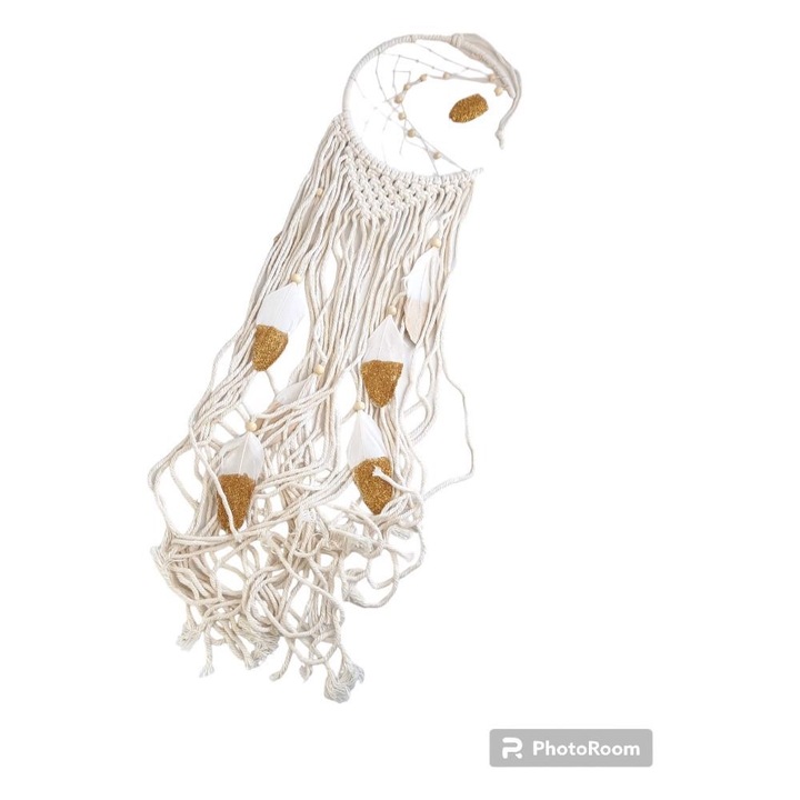 Decoratiune boho, Sinzau, luna cu pene aurii, bej, 85cm