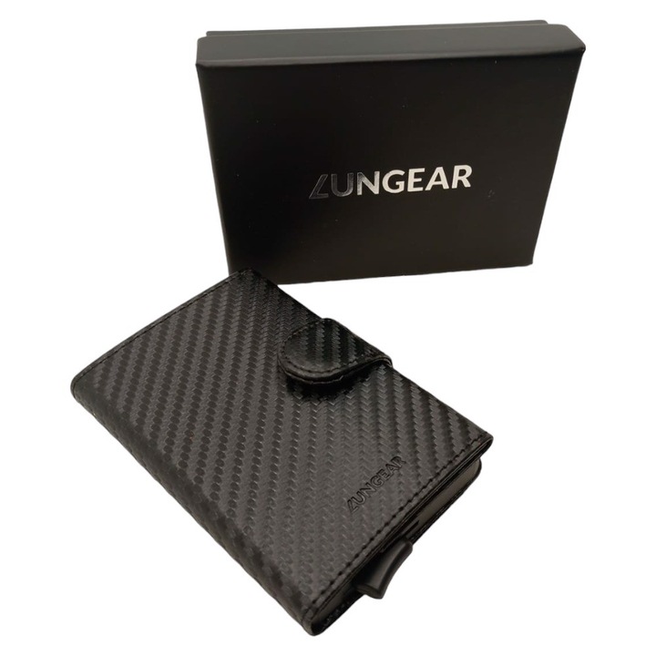 Portofel pentru carduri, AAMAZON, din piele PU, blocare RFID, 4-6 carduri, 10x6,7x1,2cm, negru