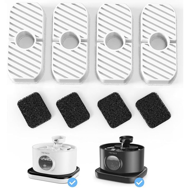 Резервни филтри за 2,8-литров безжичен автоматичен фонтан за вода за котки, състав от йонна смола и активен въглен, ефективно премахва замърсявания и косми от водата, 8 броя, бели