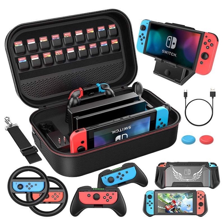 12 az 1-ben tartozékkészlet Nintendo Switch konzolhoz, védőtok, állítható állvány, 2 kormánykerék, 2 fogantyú, töltőkábel, többszínű, 33x22x12cm