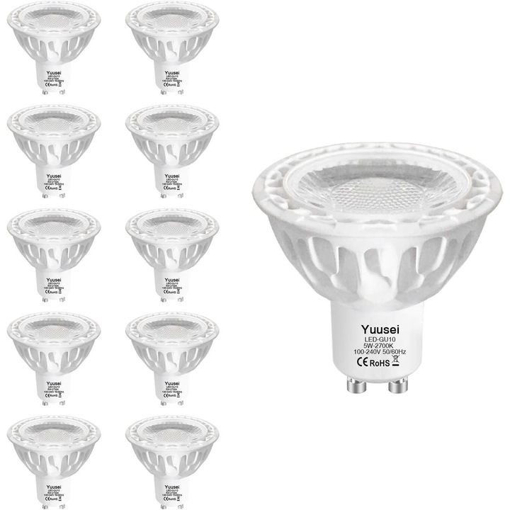 Becuri LED Yuusei GU10 5W, 10 bucati, caldura alba 2700K, 500 lumeni, 21,4x9,8x9cm