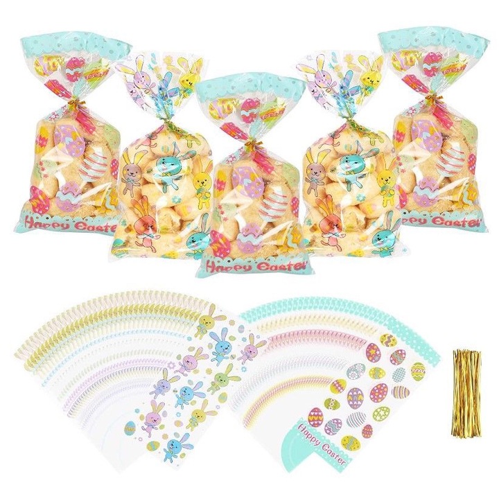 Set 100 pungi pentru bomboane de Paste, Amazon, iepuras si oua, 27,3x12,3cm, cu legaturi aurii