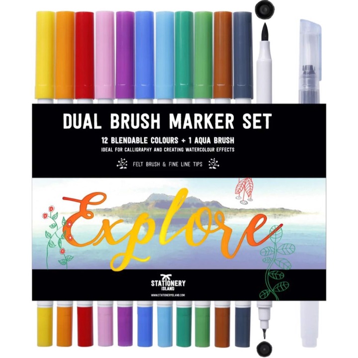 Set 12 markere cu dubla varf, AAMAZON, cu pensula Aqua