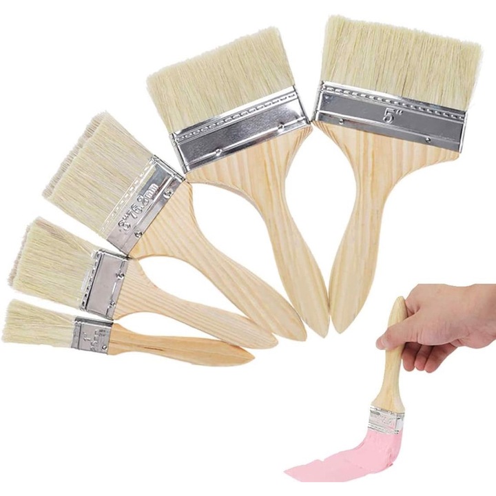 Set 5 pensule de vopsit, Jixista, natural, 170x215mm, cu maner din lemn