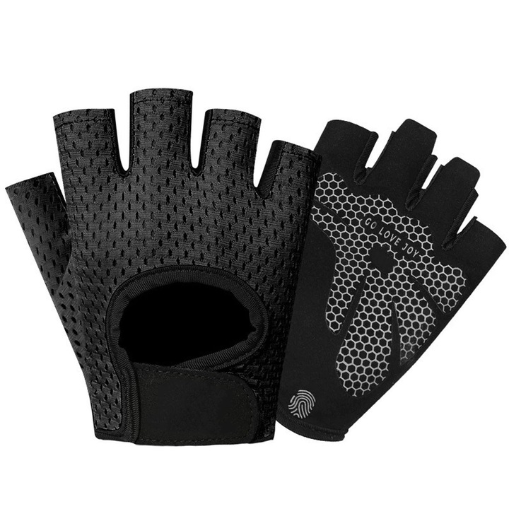Manusi de fitness si antrenament, SINBINTA, Manusi fara degete, Cu protectie palma, Respirabile si comfortabile, Jumatate de deget si design antiderapant, Cu velcro adeziv, Microfibra, Marime S, Negru