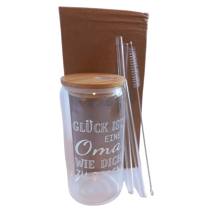 Pahar bauturi, AAMAZON, set 500ml, capac bambus, pai sticla, perie curatare