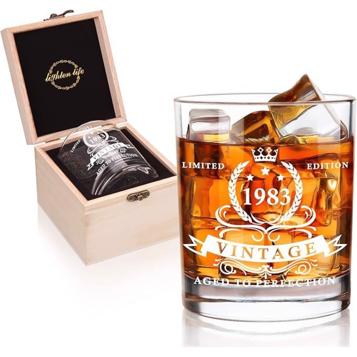 Pahar de Whisky Amazon 350ml, cu cutie din lemn, pentru 40. aniversare